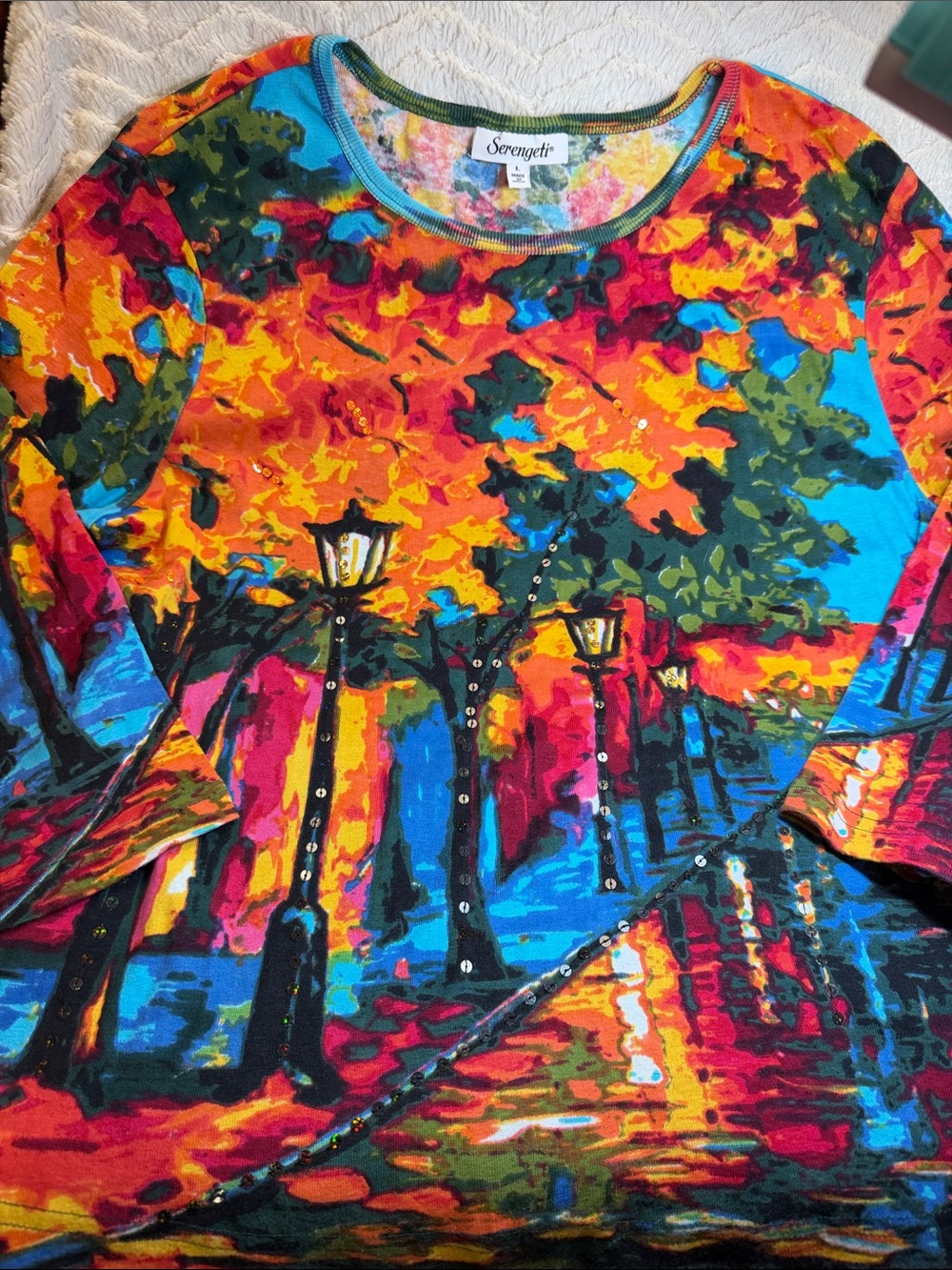 Serengeti colorful autumn street scene, sparkly sequins top tee 3/4 sleeve L